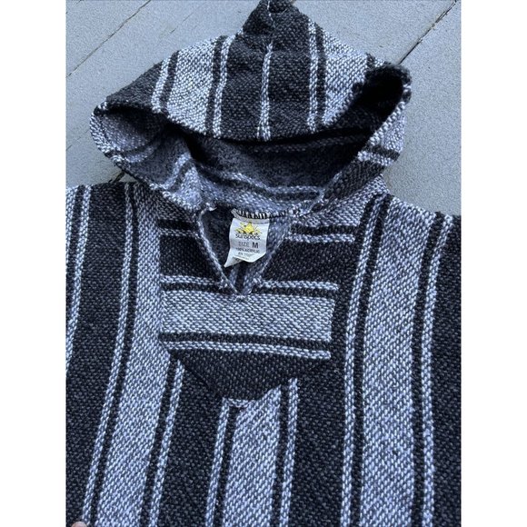 Sunspecs Black Poncho Bohemian Mexican Baja Pullover Hoodie Hippie Woven Medium - Picture 5 of 6